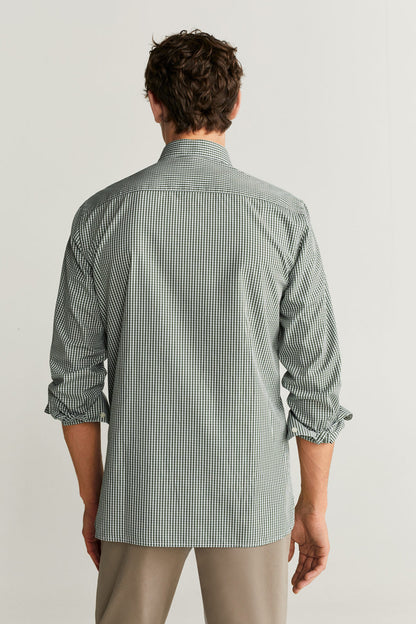 Men's long-sleeve button-down shirt with small check pattern, back view