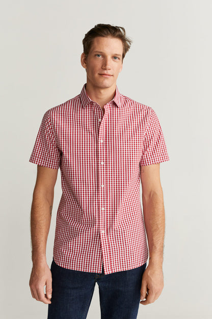 MANGO red and white gingham short-sleeve button-up shirt, front view