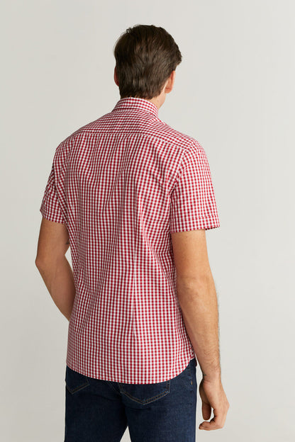 MANGO red and white gingham short-sleeve button-up shirt, back view