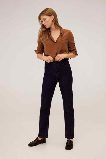 Brown button-up blouse with chest pocket, roll-tab sleeves and V-neck