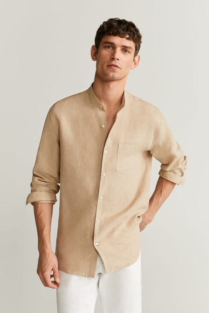 Beige button-up linen shirt with chest pocket, 3/4 sleeves