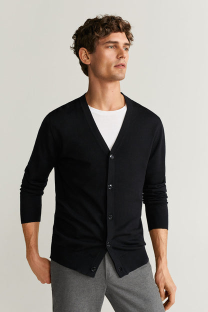 Black V-neck cardigan with button front and long sleeves