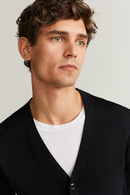 Close-up of black V-neck cardigan with button placket