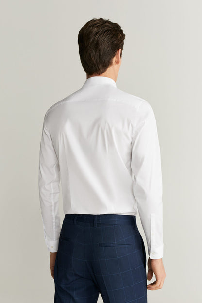 White dress shirt, back view, button front and long sleeves