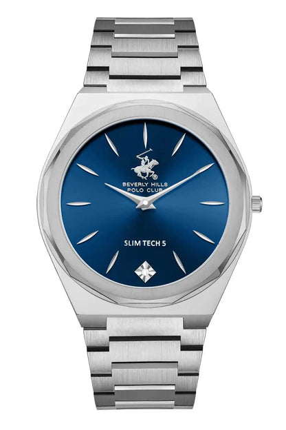BHPC silver wristwatch with blue dial, slim markers and metal bracelet