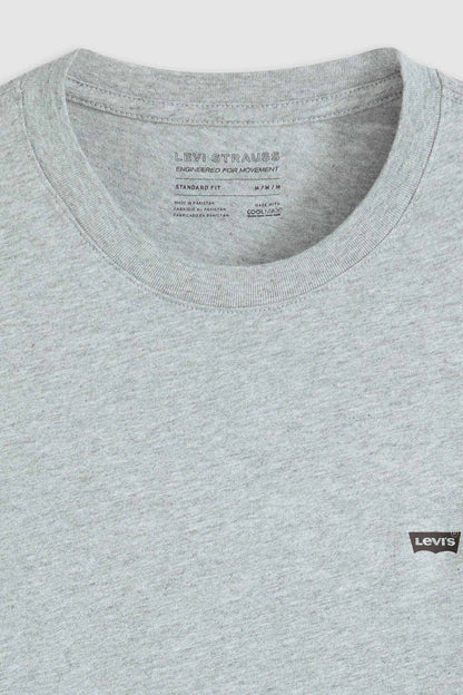 Levi's heather gray crewneck T-shirt closeup, printed neck label and chest logo tag