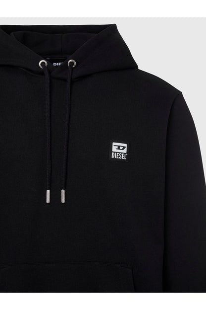 Black pullover hoodie with drawstring hood and small square logo patch on chest