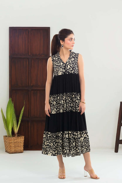 Velour sleeveless tiered dress, black with cream floral print, V-neck front