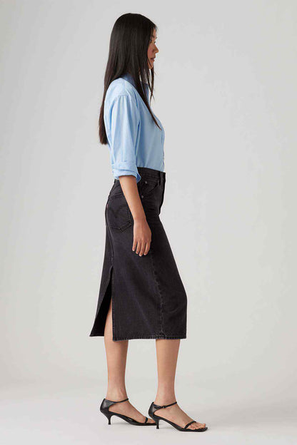 Black denim midi skirt with front buttons and slight side slit