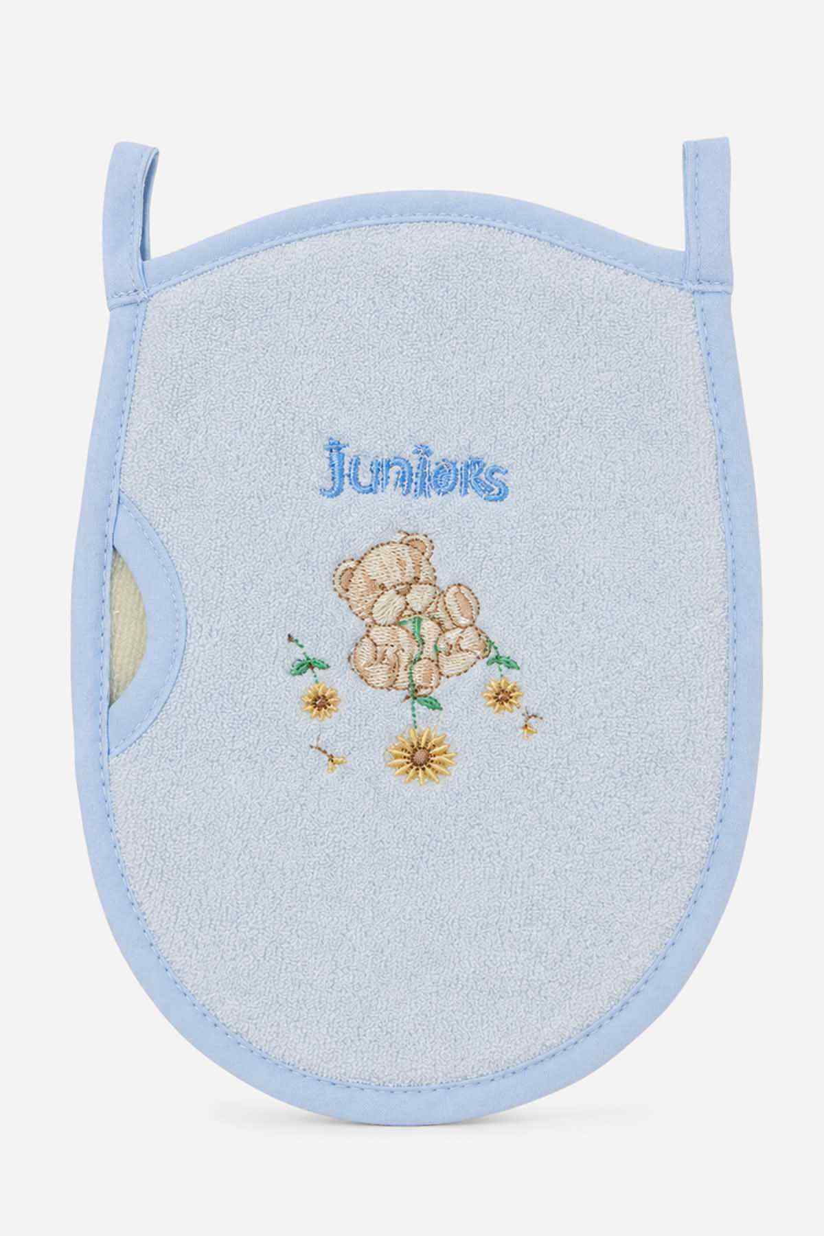 Blue bath wash mitt with 'Juniors' text and teddy bear flower graphic