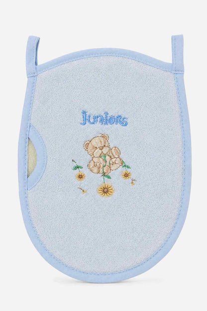 Blue bath wash mitt with 'Juniors' text and teddy bear flower graphic