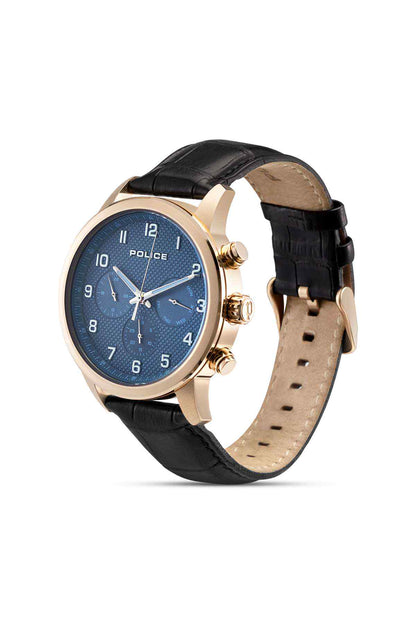 Police wristwatch, black leather strap, blue dial with subdials, rose-gold bezel