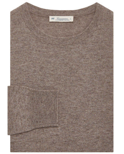 Brown heather knit sweater with crew neck and ribbed cuffs and hem detail