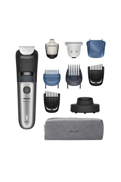 PHILIPS electric beard trimmer kit with guards, combs, and storage case