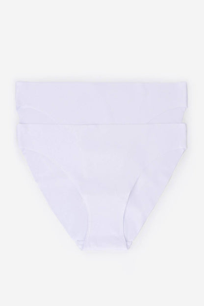 White bikini panties, flat front view with smooth, seamless fabric