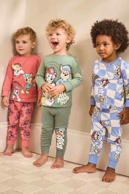 Kids' pajama set in character prints: pink, green and blue long-sleeve outfits