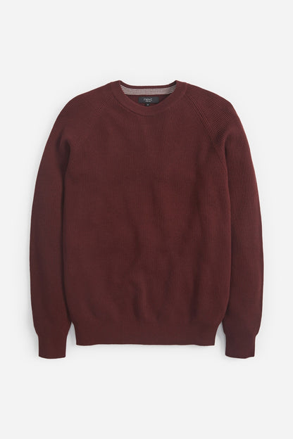 Rust crewneck knit sweater with ribbed cuffs and hem