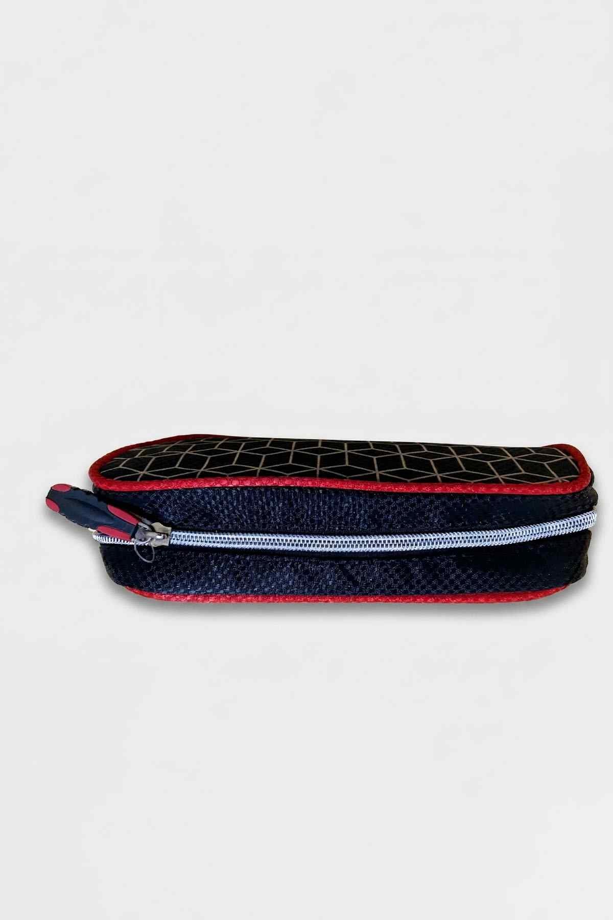 Kids' zip pencil case with navy body, black grid top, and red piping