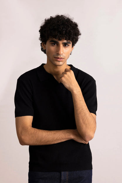 Black short-sleeve polo shirt with ribbed collar and button placket