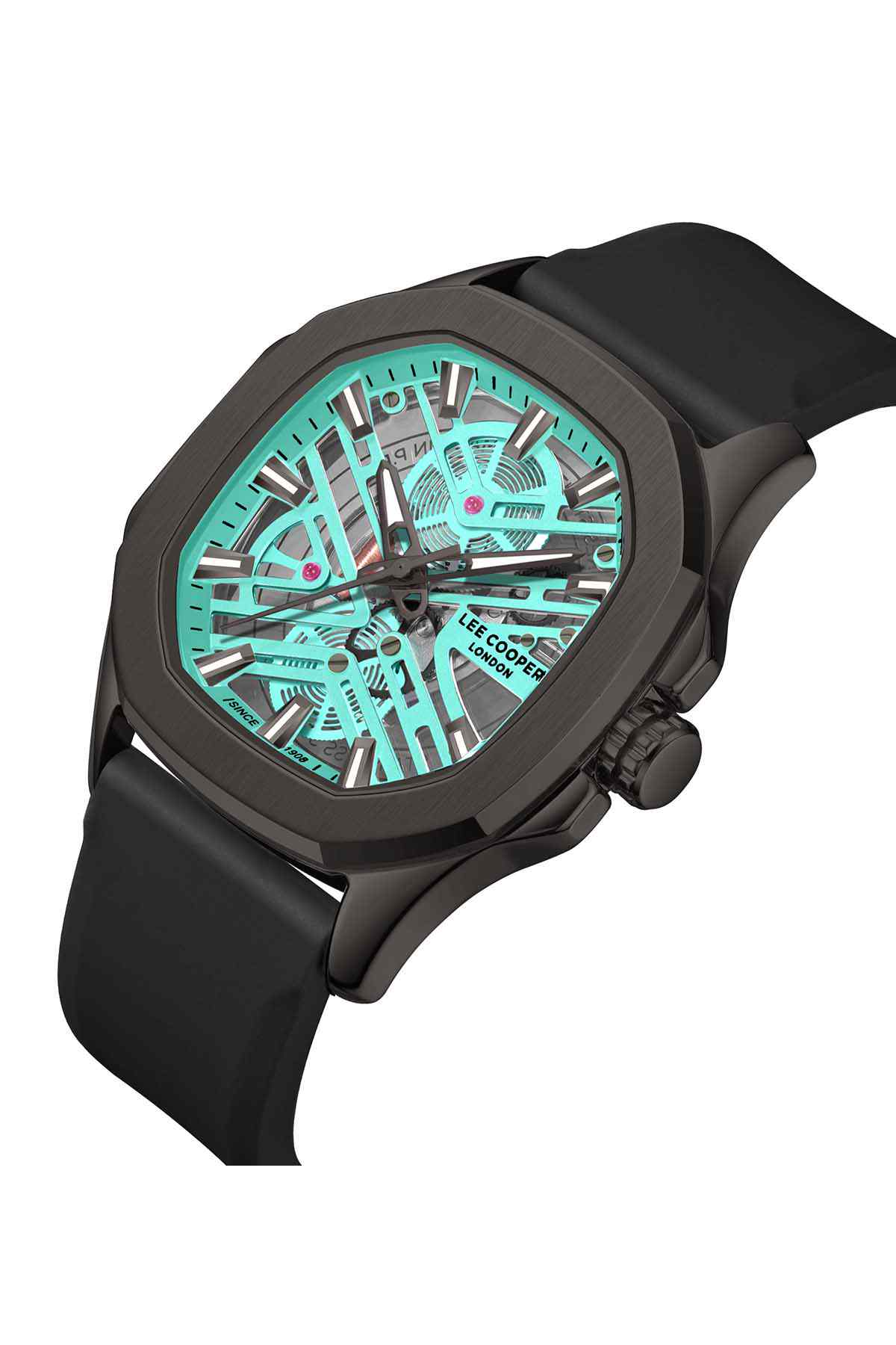Lee Cooper black round watch, turquoise dial, angled case