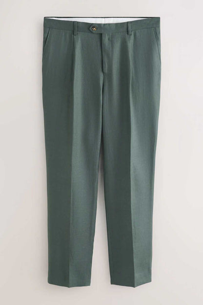 Men's green suit trousers with front pleats and button closure