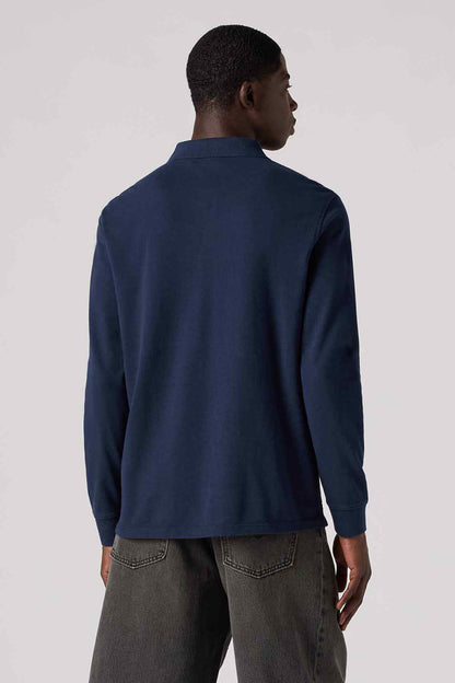 Levi's long-sleeve polo shirt back view, dark blue with full-length sleeves
