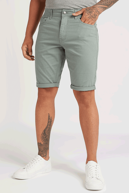 Men's light green chino shorts with belt loops and front pockets