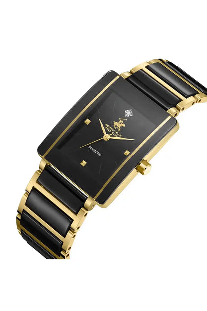 Gold and black rectangular wristwatch with black dial, gold markers, and link bracelet