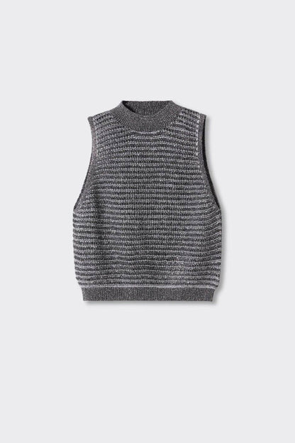 Sleeveless knit sweater with high crew neck, speckled gray and silver, straight hem