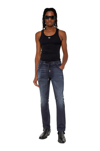 Diesel men's dark-blue denim jeans with adjustable ankle ties and front pockets