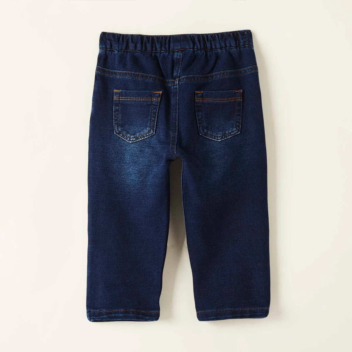 Blue denim baby pants with elastic waist, two front pockets