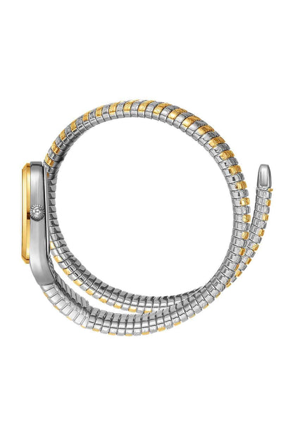 BHPC watch bracelet with silver-tone mesh links and gold accents, shown as ring