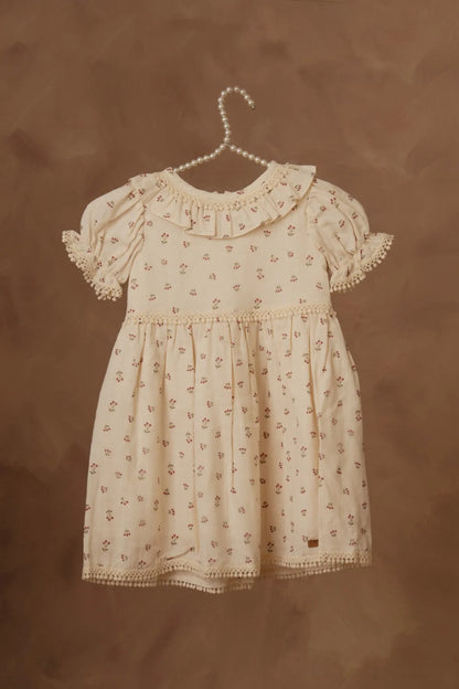Cream floral short-sleeve dress with ruffled collar and lace-trim sleeves