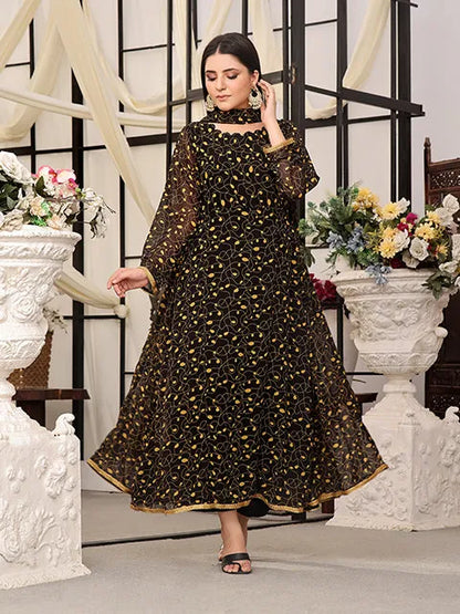 Nazmina maxi dress in dark with gold swirl pattern, wide neckline