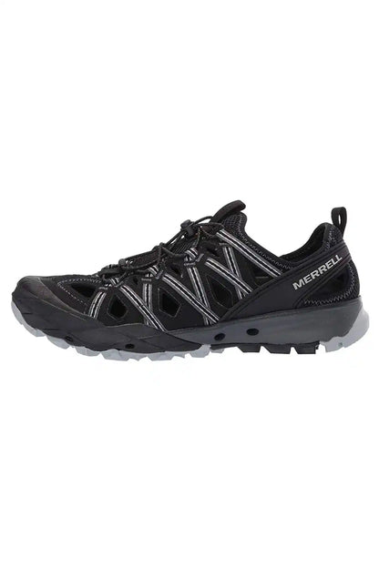 Black trail sneaker with silver stripe overlays and treaded outsole