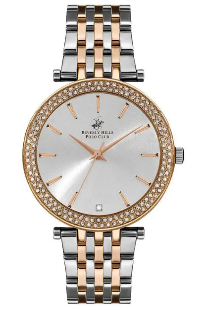 BHPC round watch with silver and rose gold metal bracelet, crystal bezel, white dial