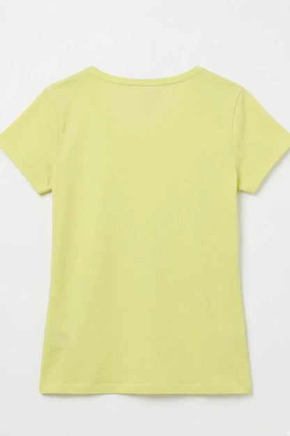 Lime green crew-neck short-sleeve T-shirt, back view