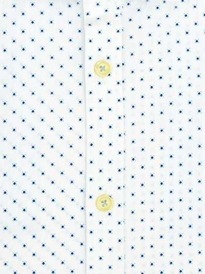 White cotton dress shirt close-up: blue micro-dot fabric and gold-tone buttons