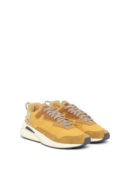 Diesel tan suede lace-up sneakers with white midsole and blue side accents