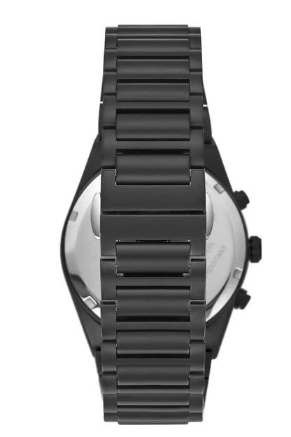 BHPC black wristwatch back view with metal link bracelet and crown