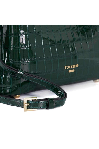 Dark green croc-embossed tote bag with adjustable strap and Dune logo front