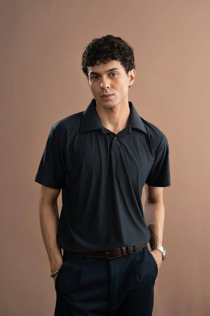 Men's dark short-sleeve polo shirt with button placket