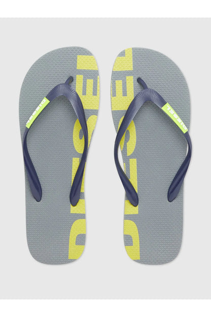 Diesel flip-flops, grey footbed with navy V straps and yellow graphic logo