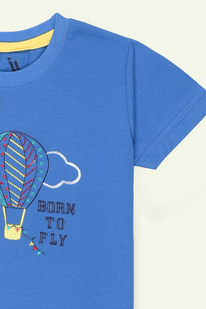 Blue kids T-shirt, side view, yellow collar trim, hot air balloon and "BORN TO FLY" print
