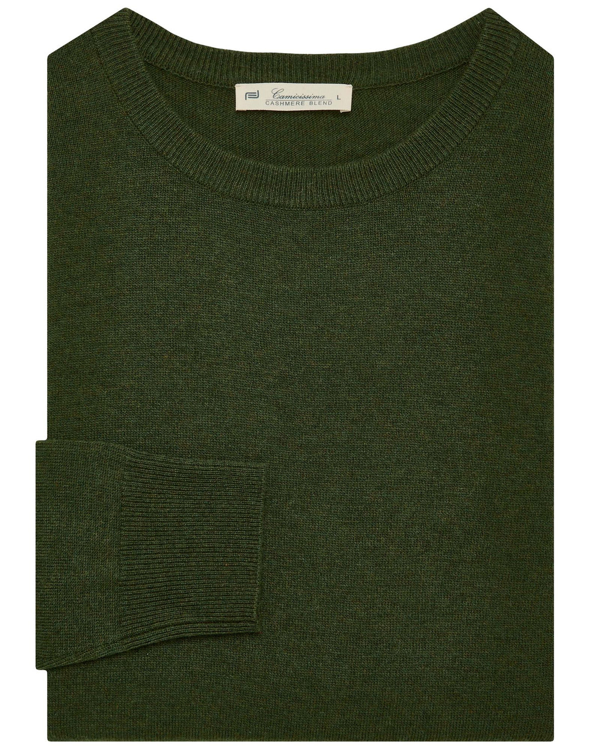 Military green crewneck knit sweater with ribbed hem and long sleeves