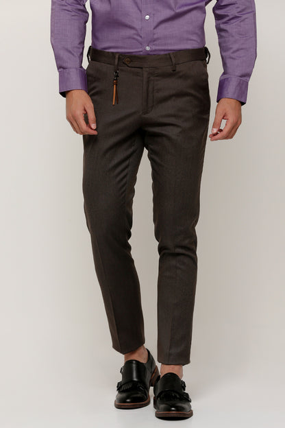 Men's dark brown dress pants with flat front and belt loops