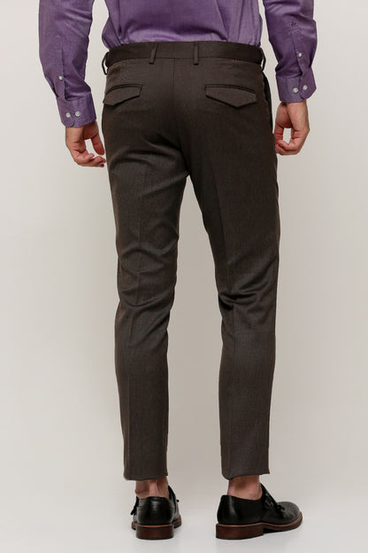Men's dark brown dress pants with back pockets and cuffed hem