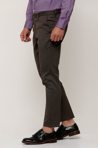 Men's dark brown slim-fit dress pants with tapered leg and side pockets