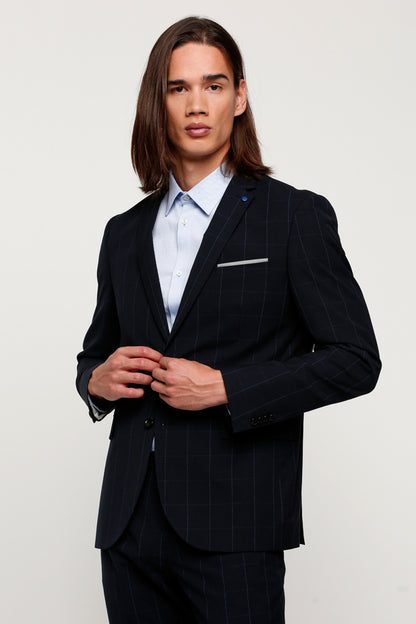 Navy pinstripe suit jacket with notch lapels and chest pocket