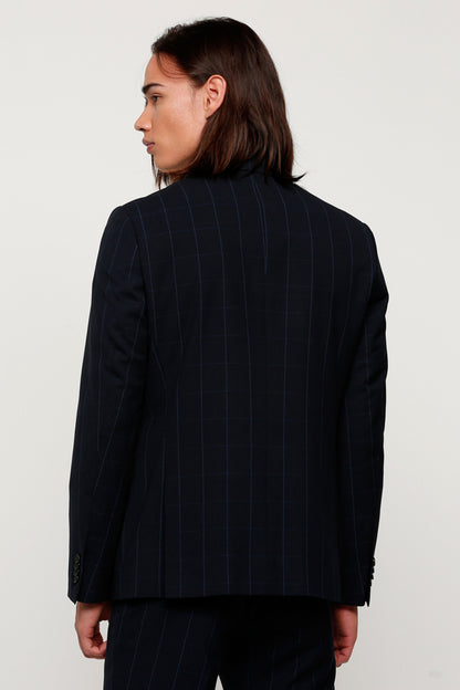 Navy pinstripe suit jacket back view with center seam and straight hem